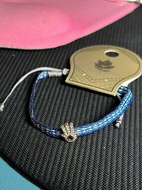 Hamsa Hand Zirconia Evil Eye Woven Bracelet Blue Silver Thread NWT